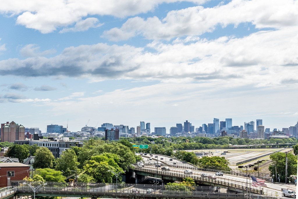 A cityscape with a bridge and a highway.