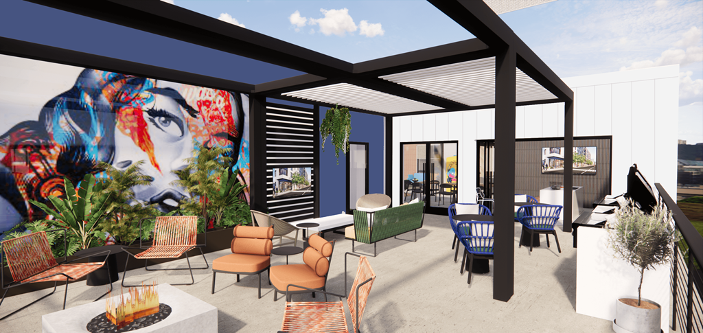 a rendering of the sky deck with chairs and a fire pit at The Indie, Boston Massachusetts  