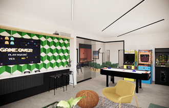 a rendering of a gaming room with a foosball table and arcade games - Photo Gallery 5