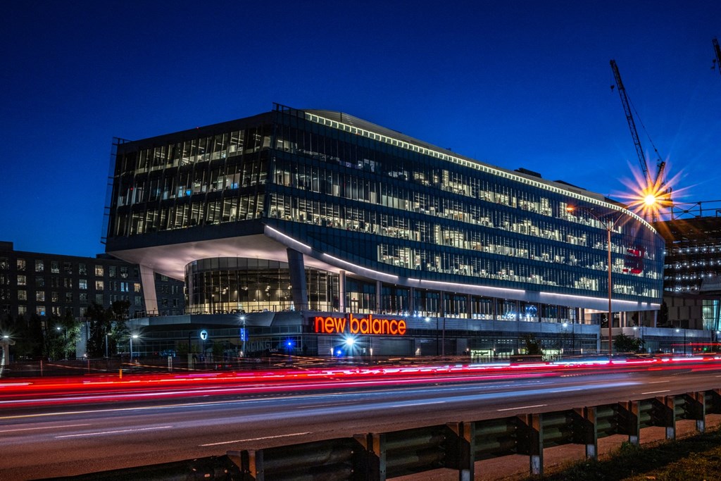 a view of Boston Landing lit up at The Indie, Boston Massachusetts  