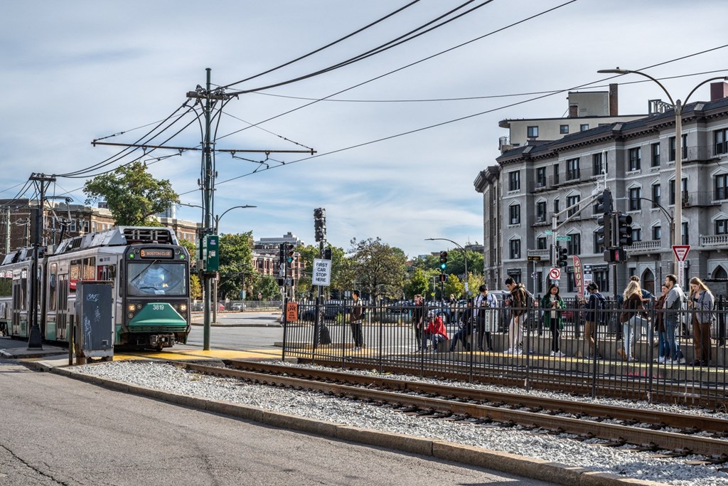 Green Line MBTA train at The Indie, Boston, MA 02134  