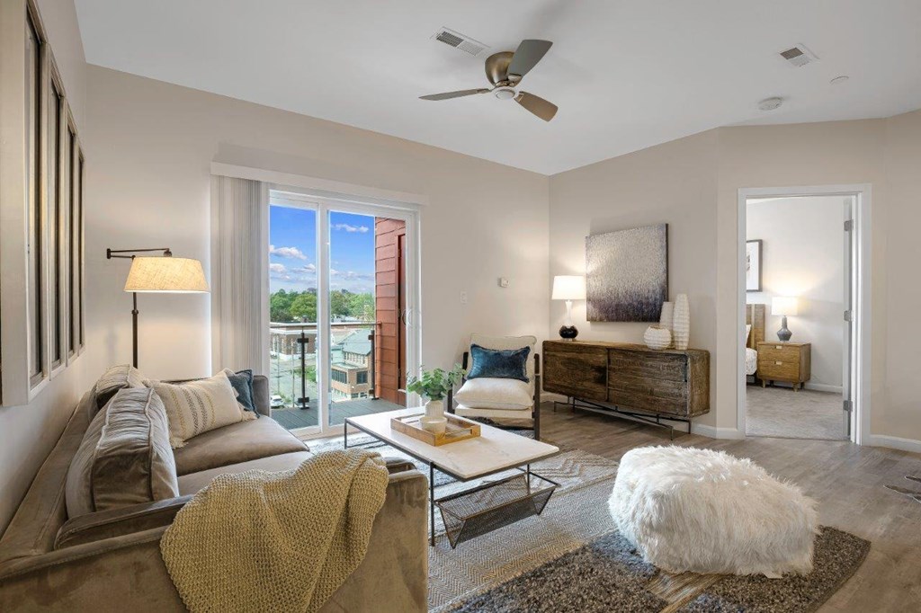Living Room With Ceiling Fan at 21 East Apartments, North Attleboro, Massachusetts