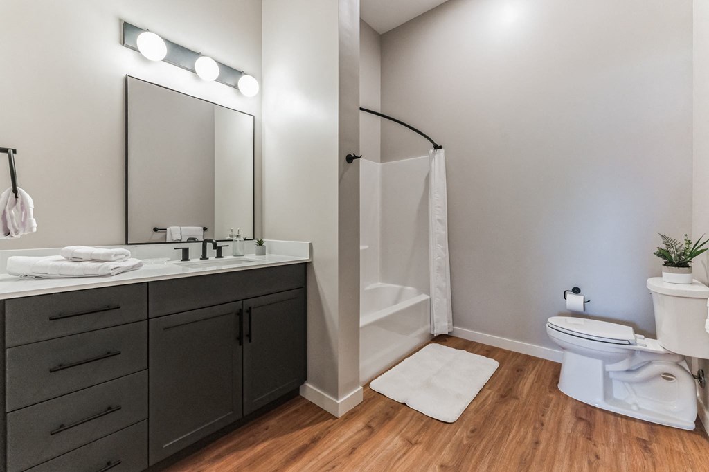 a bathroom with a toilet sink and shower and a mirror