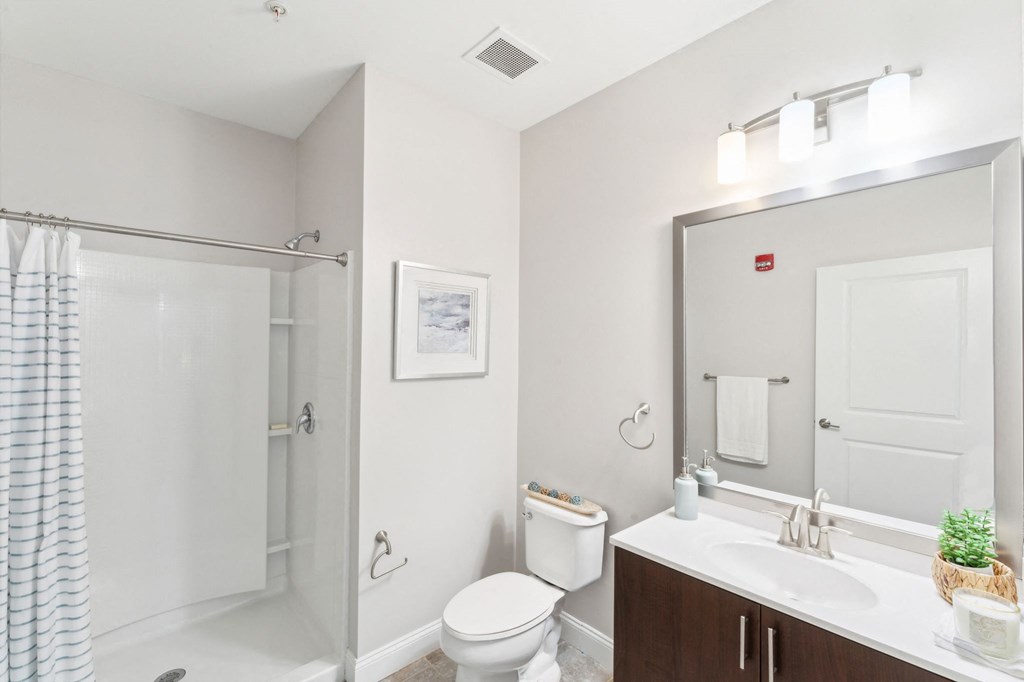 a bathroom with a shower sink and toilet and a mirror