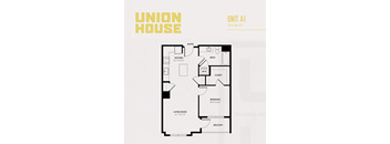A floor plan of a Union House apartment unit labeled A1, with a total area of 723 square feet.