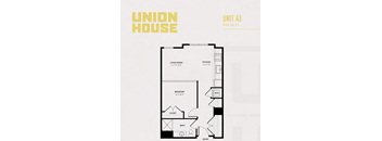 A floor plan for a 622 square foot Union House unit, showing a living room, kitchen, bedroom, bath, closet, and entry.