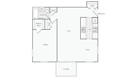 A floor plan of a house with labeled rooms such as "Dine" and "Lounge".