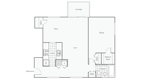 A floor plan of a house with labeled rooms such as Dine and Sleep.
