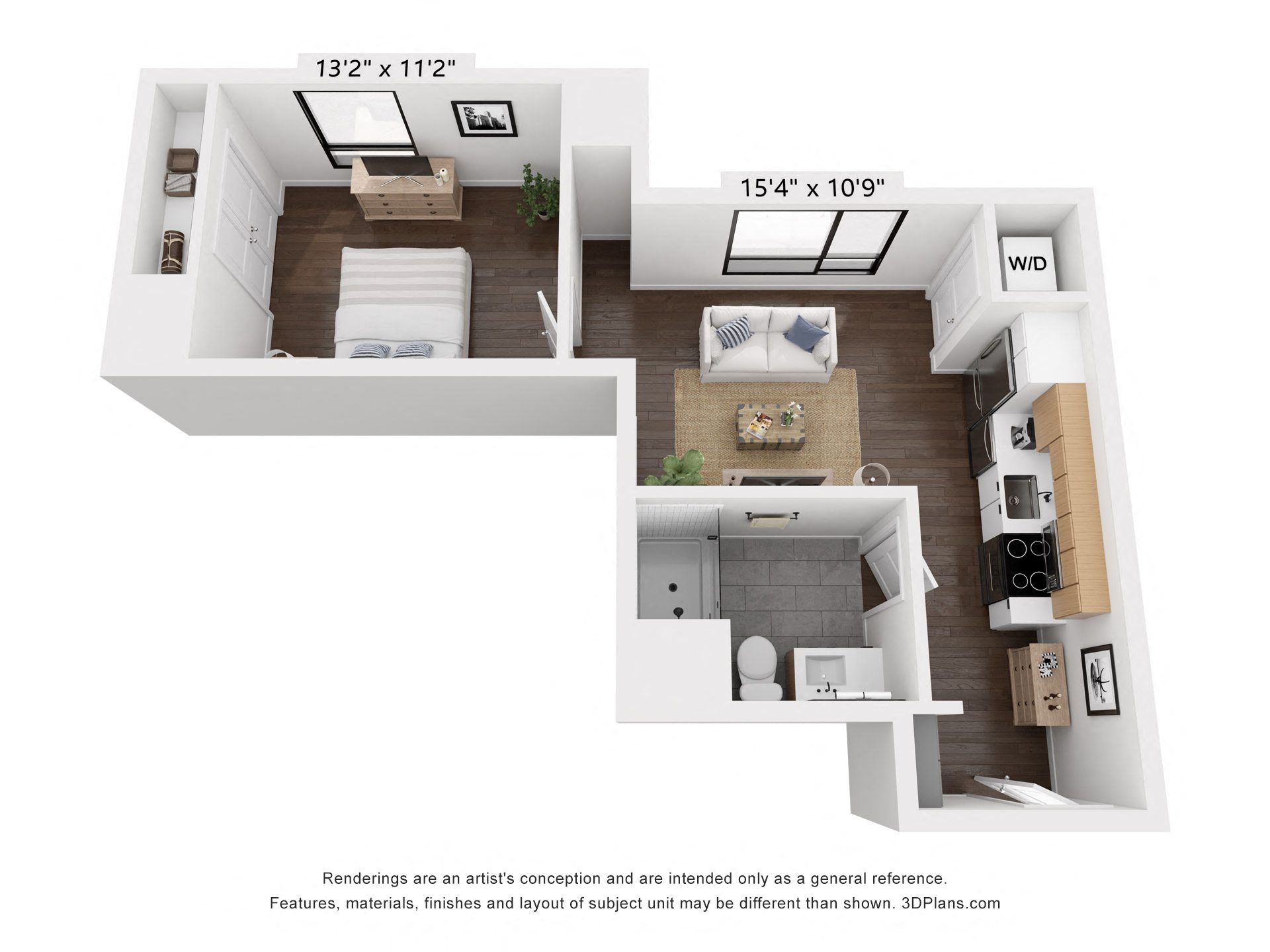 A 3D one bedroom floorplan furnished
