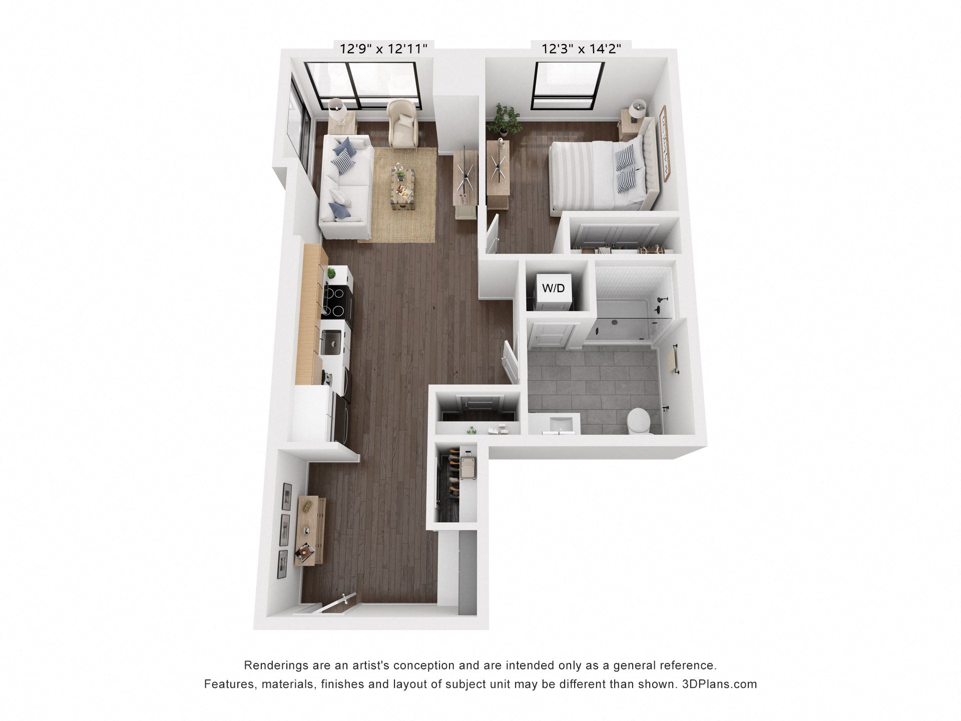 a stylized floor plan with a bedroom and a living room