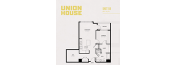 A floor plan for a Union House unit B4, which is 857 square feet, is displayed.