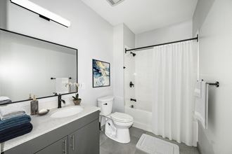 a bathroom with a sink toilet and shower - Photo Gallery 5
