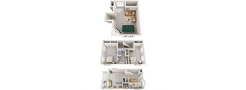 Three different floor plans of a house with dimensions.