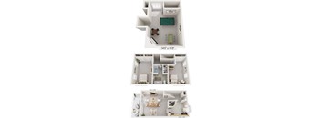 A set of three floor plans for a house with dimensions.