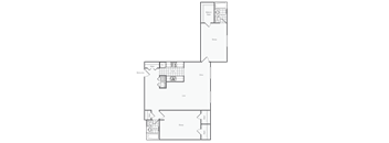 A floor plan of a house with a kitchen, living room, and two bedrooms.