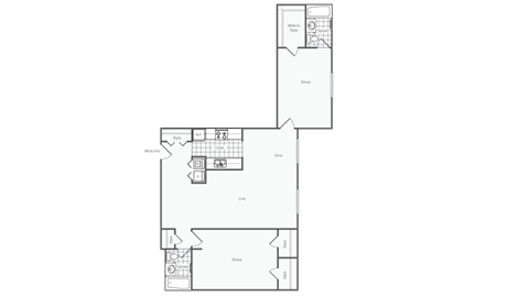 A floor plan of a house with a kitchen, living room, and two bedrooms.