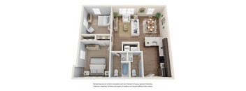 A floorplan of a 2 bedroom apartment with 3 windows in living room