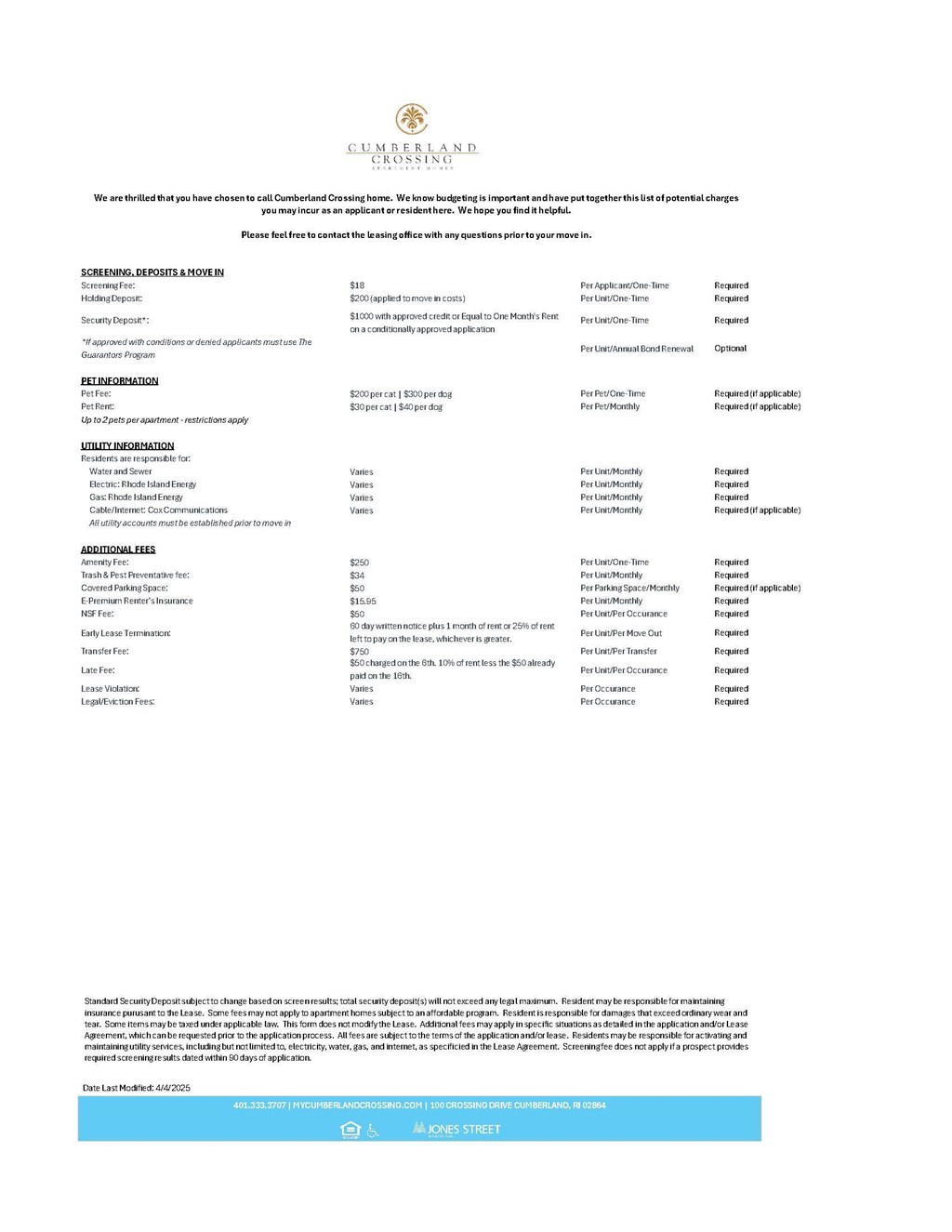 A document from Cumberland Crossing outlines various fees and information related to a service.