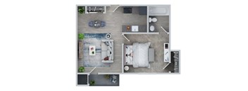 a bedroom floor plan and a living room with a bed