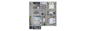 3D overhead floorplan of a two bedroom furnished apartment
