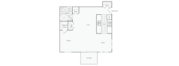 A floor plan of a house with labeled rooms such as Living Room, Kitchen, Dine, Sleep, Walk-in Style, and Swash.
