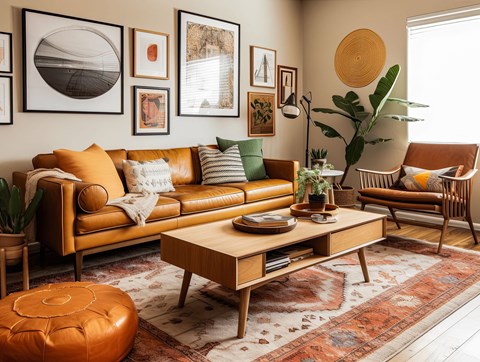 a living room with a brown leather couch and a coffee table