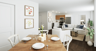 a living room and dining room with a wooden table and chairs and a white couch in the