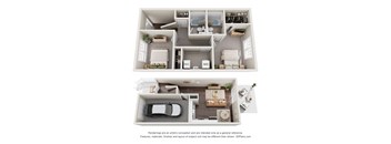 a stylized 3d floor plan with a bedroom and a living room