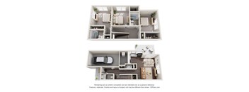 a stylized 3d floor plan of a house with a bedroom and a kitchen