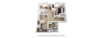A floor plan of a small apartment with a living room, kitchen, and bathroom.