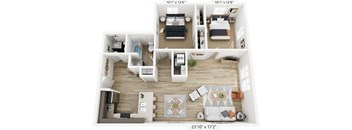 A floor plan of a small apartment with two bedrooms, a living room, a kitchen, and a bathroom.