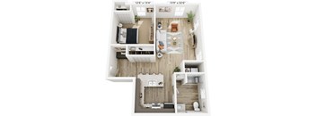 A floor plan of a small apartment with a living room, kitchen, and two bedrooms.