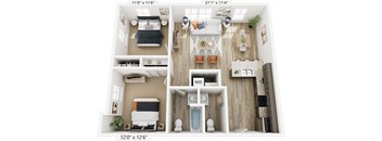 A floor plan of a two bedroom apartment with a living room, kitchen, and two bedrooms.