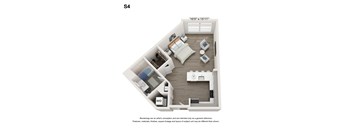 A floor plan of a room with a kitchen, living room, and bathroom.