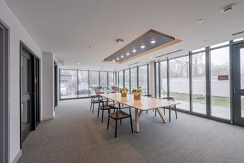 A conference room with a long table and chairs, and a view of the outside through large windows.