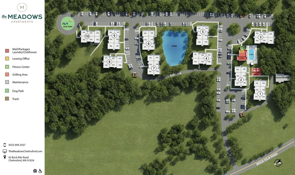 A map of the Meadows Apartments showing the layout of the buildings and amenities.