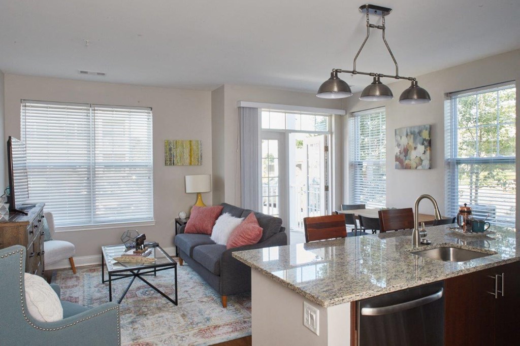 Spacious living room & kitchen at The Tannery, Connecticut, 06033