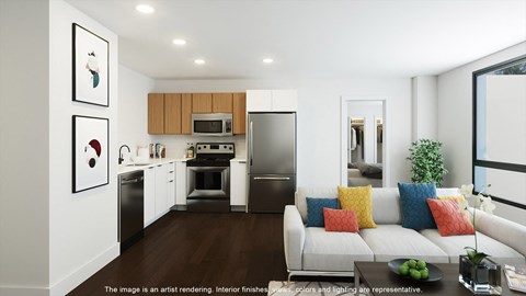 Spacious rendering of a kitchen and living room
