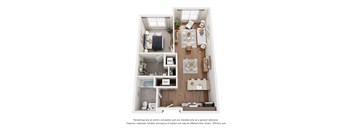 A 3D floor plan of a small apartment with a kitchen, living room, and bathroom.