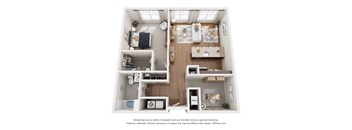 A 3D floor plan of a small apartment with a kitchen, living room, and bedroom.