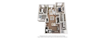 A 3D floor plan of a house with a kitchen, living room, and two bedrooms.