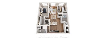 A 3D floor plan of a house with labeled rooms.