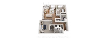 A floor plan of a house with a kitchen, living room, and two bedrooms.