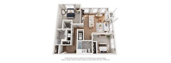 A 3D floor plan of a house with a kitchen, living room, and bathroom.