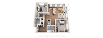 A 3D floor plan of a small apartment with a kitchen, living room, and bathroom.