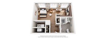 A 3D floor plan of a small apartment with a bedroom, living room, kitchen, and bathroom.