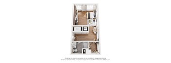 A floor plan of a two-bedroom apartment with a living room, kitchen, and bathroom.