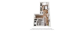 A floor plan of a small apartment with a kitchen, living room, and bathroom.