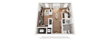 A 3D floor plan of a small apartment with a kitchen, living room, and bathroom.
