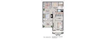 A floor plan of a one bedroom apartment with a bathroom and living room.